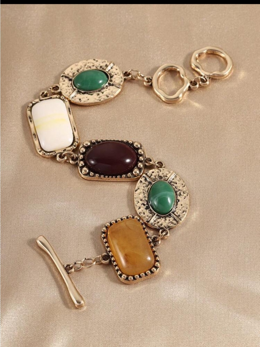 Gold Multi-Stone Toggle Bracelet with Green, White, Burgundy and Amber Stones